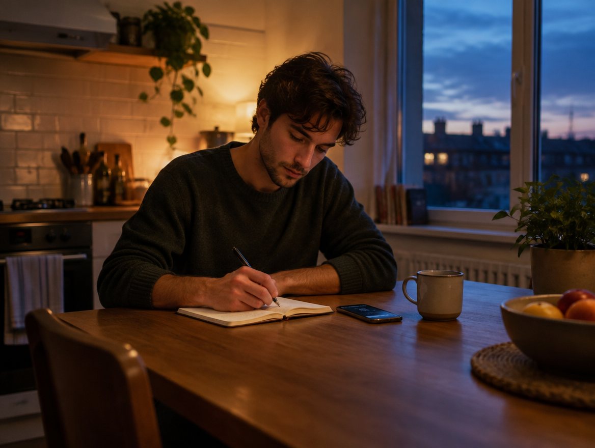 A man logging his routine in a notebook beside his phone