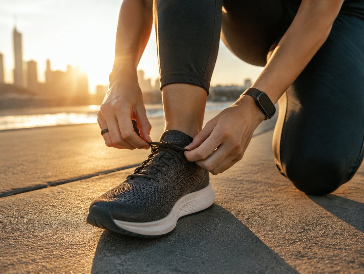 A runner wearing a smartwatch